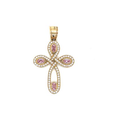 14kt Yellow Gold Women's Cross Pendant with Pink and White Cubic Zirconia Stone