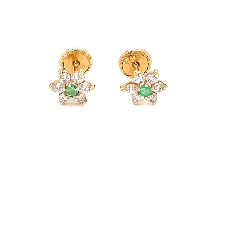 14kt Yellow Gold Kid's Flower Earrings with Green and White Cubic Zirconia Stone
