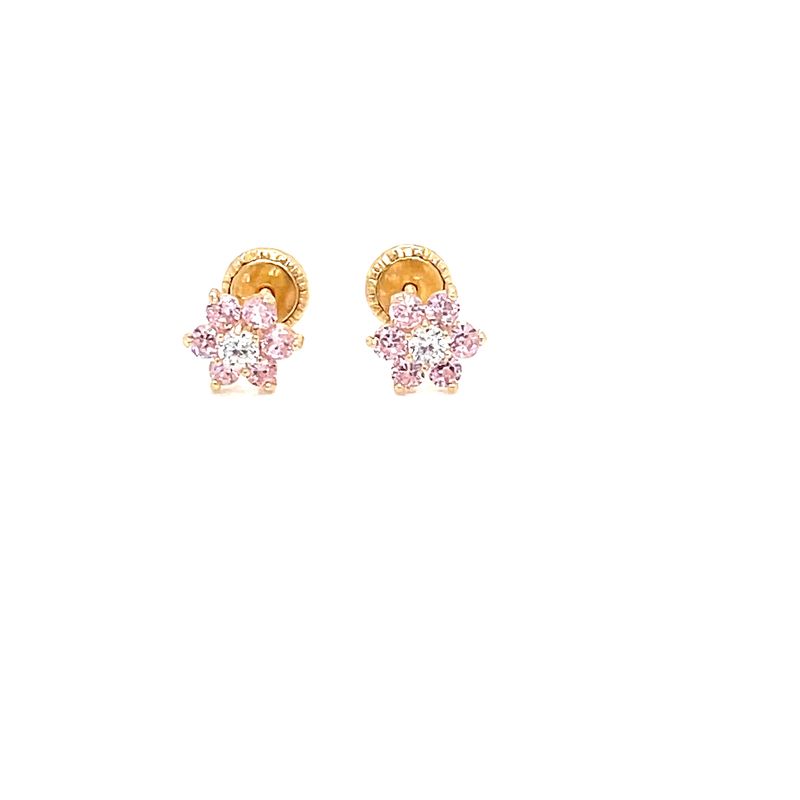 14kt Yellow Gold Kid's Flower Earrings with Pink and White Cubic Zirconia Stone.