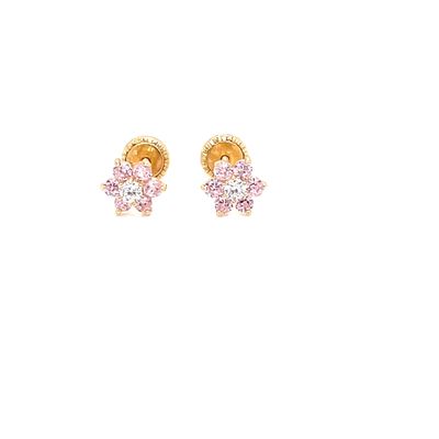 14kt Yellow Gold Kid's Flower Earrings with Pink and White Cubic Zirconia Stone.