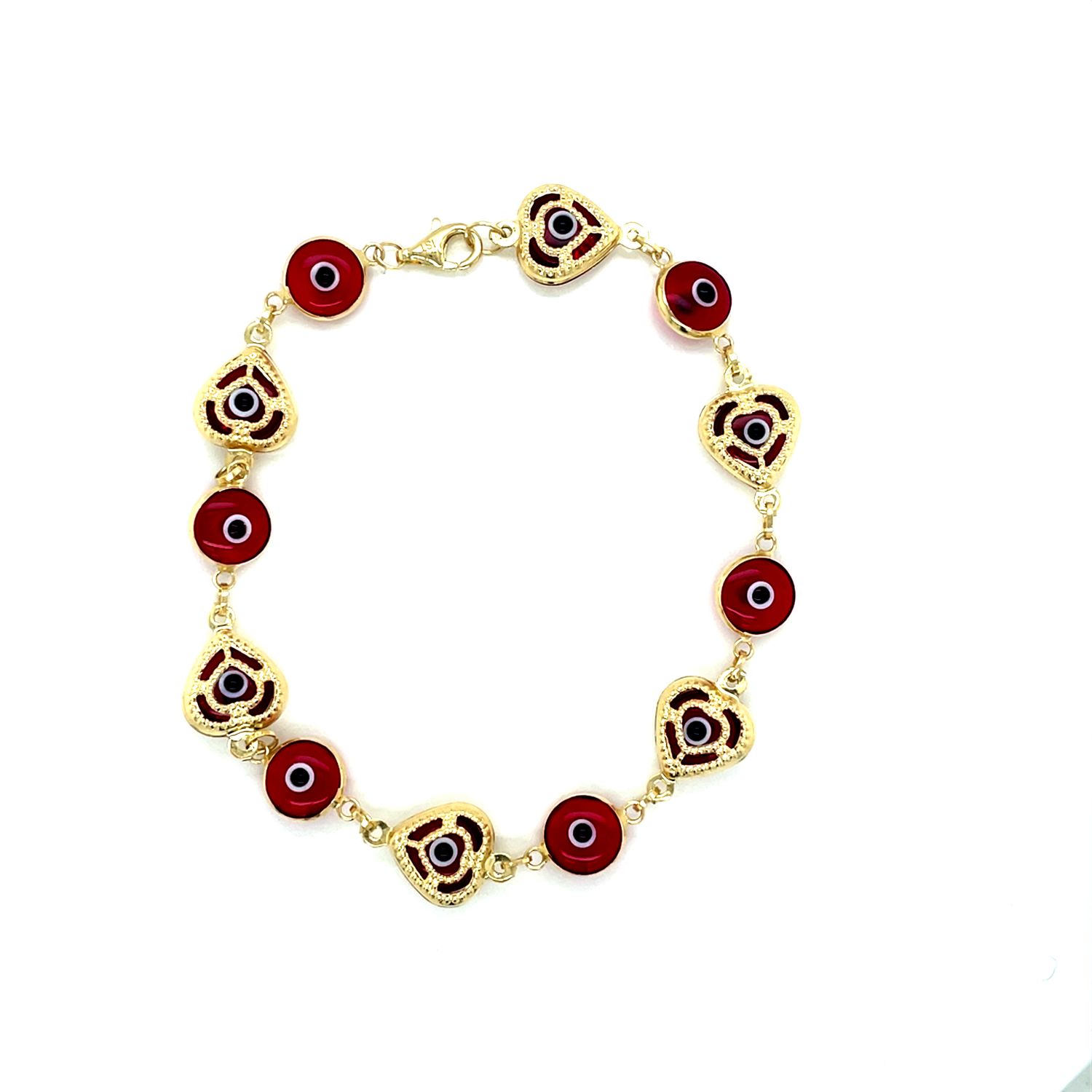 14kt Yellow Gold Women's Red Heart Evil Eye Bracelet