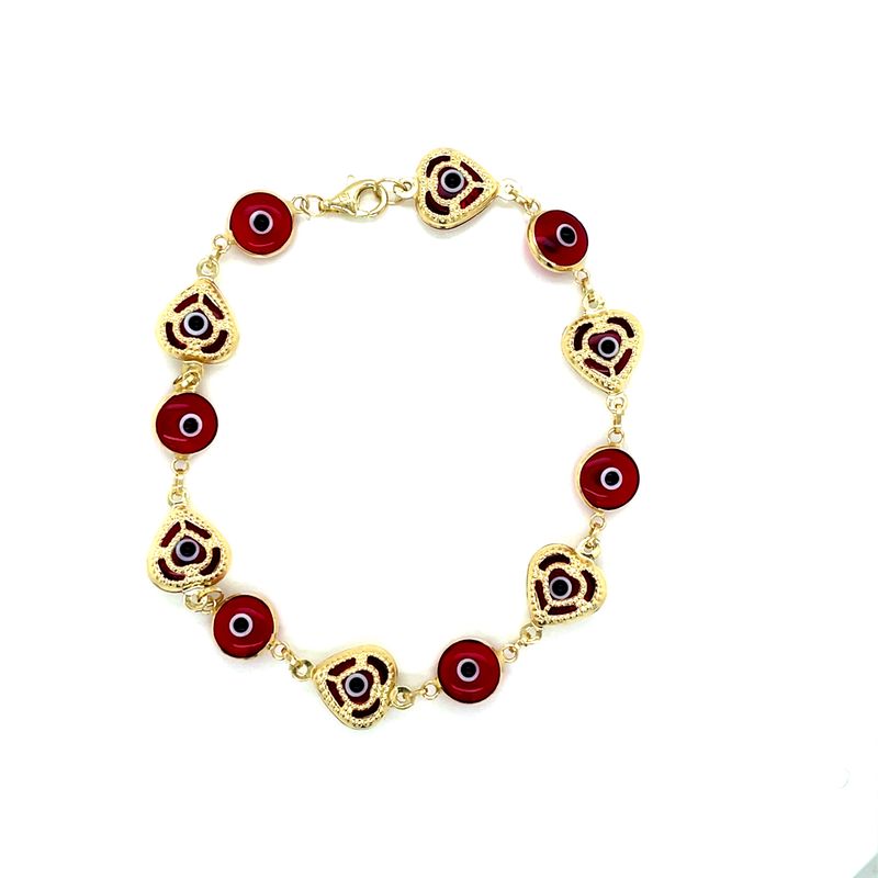 14kt Yellow Gold Women's Red Heart Evil Eye Bracelet