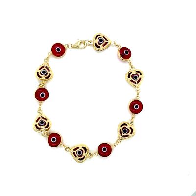 14kt Yellow Gold Women's Red Heart Evil Eye Bracelet