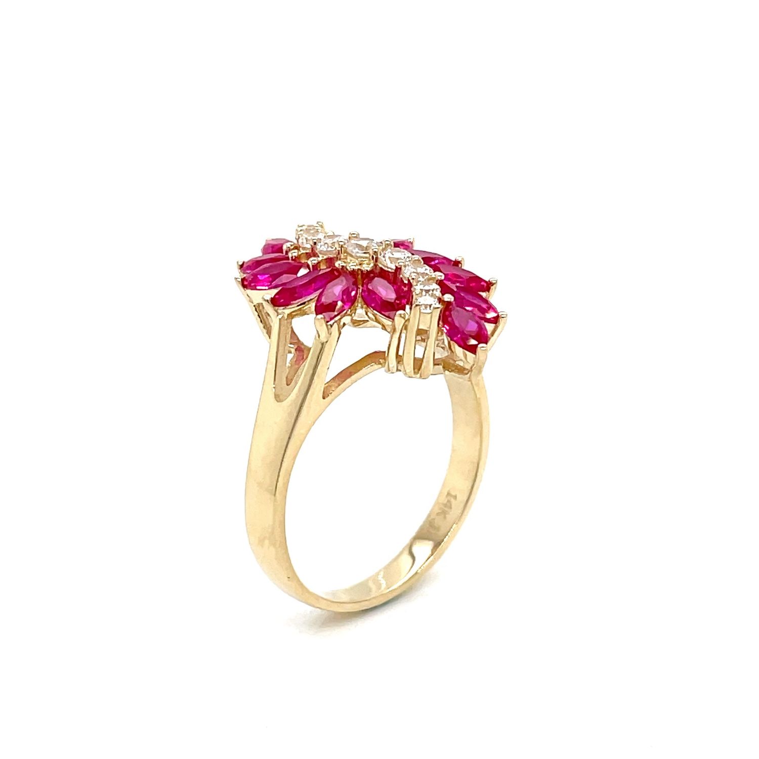 14kt Yellow Gold Women's Ring with Red Baguette and White Cubic Zirconia Stone