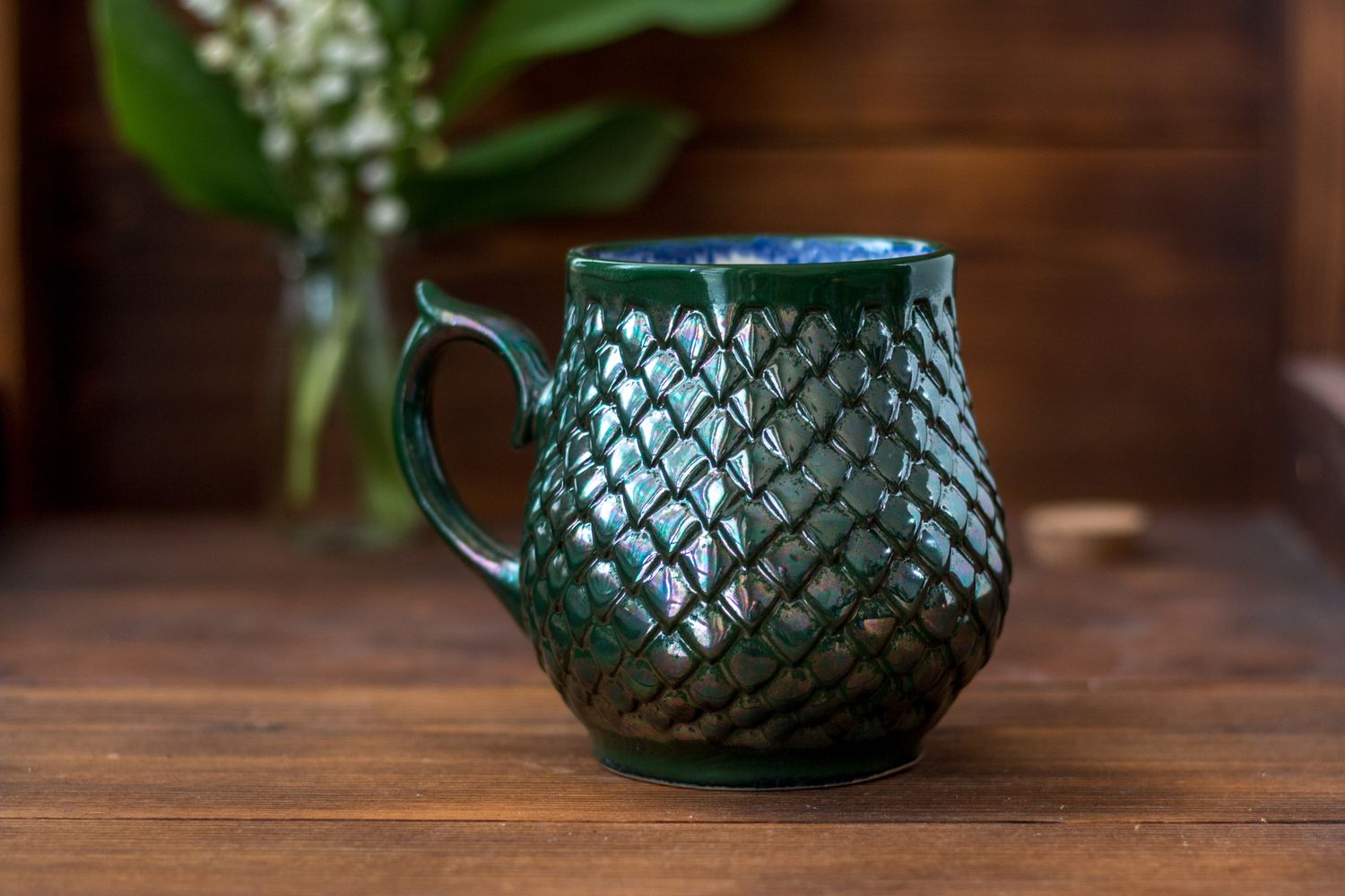 Pearl Green Dragon, Ceramic Mug, Dragon scale mug, Handmade pottery