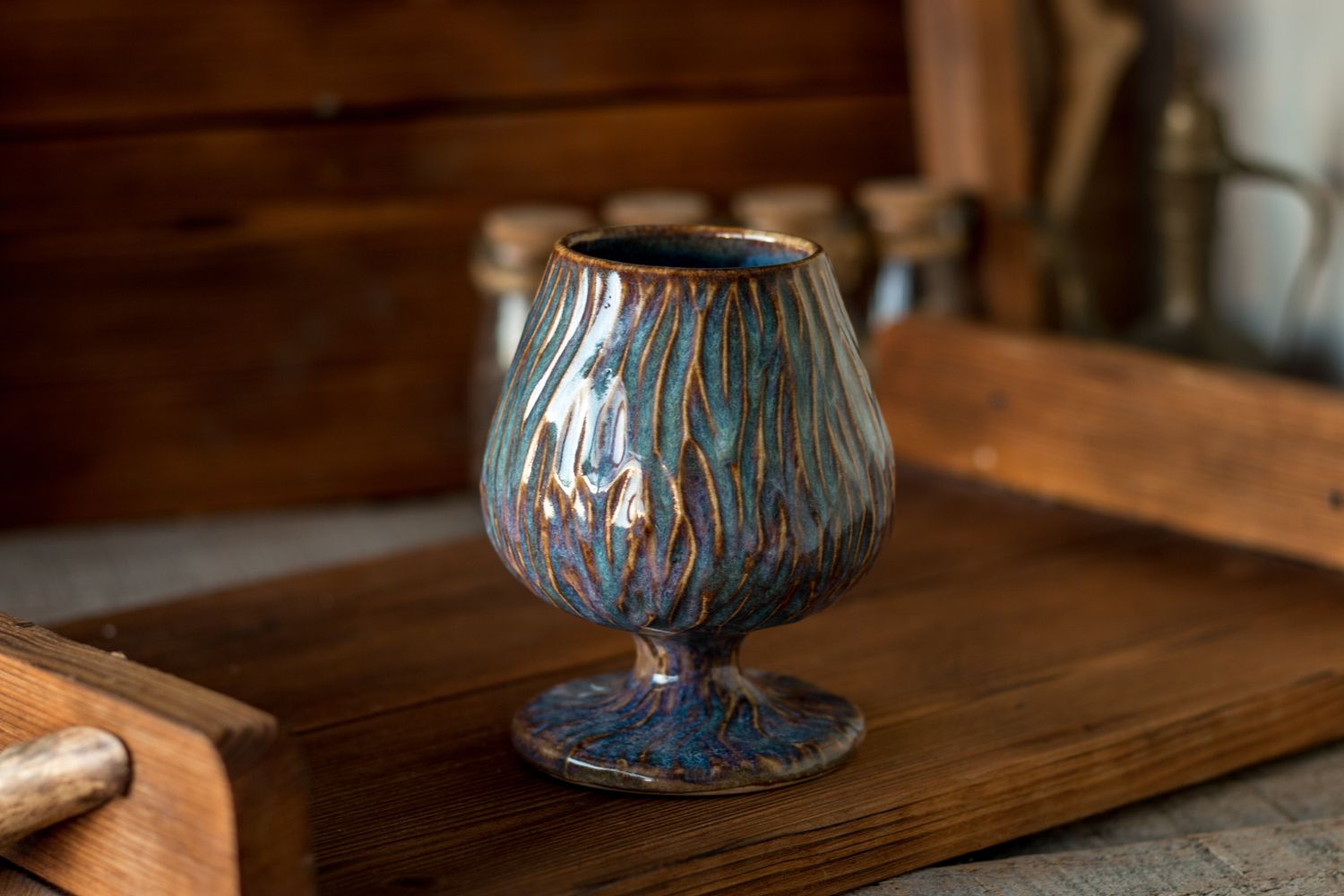 Carved Rainbow Goblet, Handmade pottery
