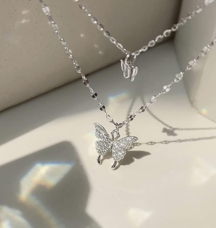 KFRS 925 Sterling Silver Butterfly Necklace for Women Double Layer Clavicle Chain Shiny CZ Necklace Dainty Gifts Party Jewelry Gift