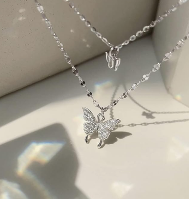 KFRS 925 Sterling Silver Butterfly Necklace for Women Double Layer Clavicle Chain Shiny CZ Necklace Dainty Gifts Party Jewelry Gift