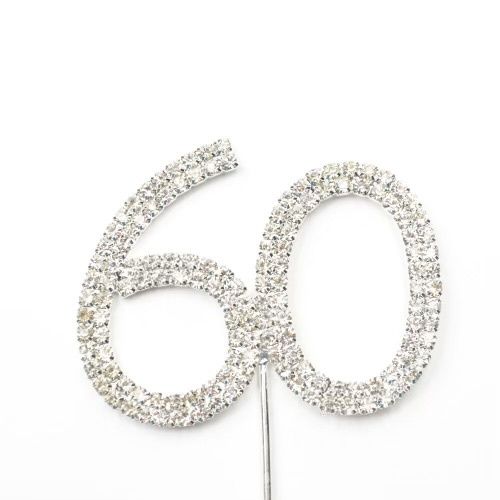 SILVER RHINESTONE  NUMBER CAKE TOPPER, NUMBER: SMALL “60”