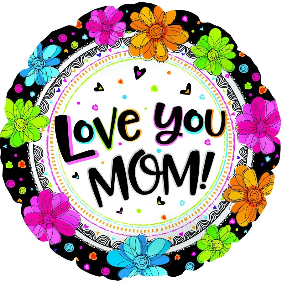 17” LOVE YOU MOM! BLACK W/FLOWERS
