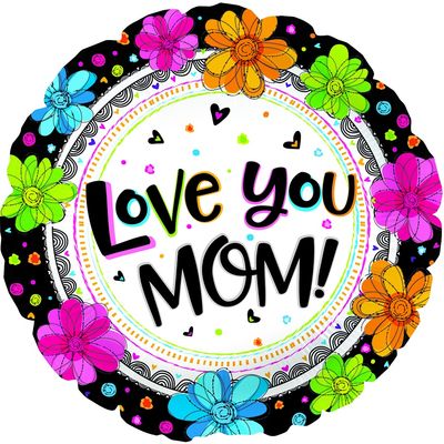 17” LOVE YOU MOM! BLACK W/FLOWERS