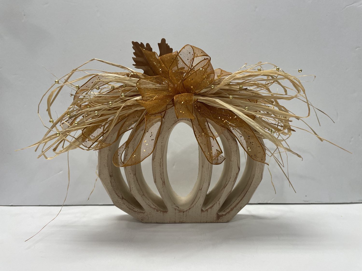 WHITE WASH WOOD PUMPKIN, SIZES: SMALL 6.5” WHITE