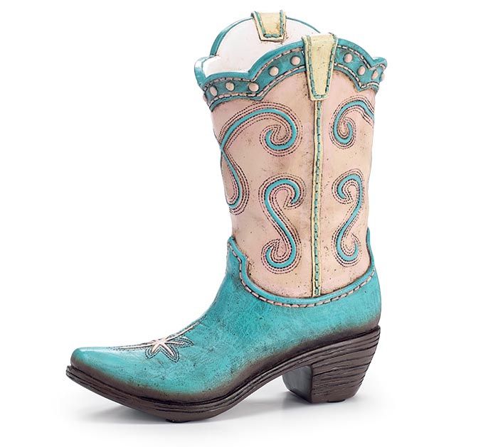 COUNTRY BOOT VASES, DESIGN: TEAL/PINK COWGIRL
