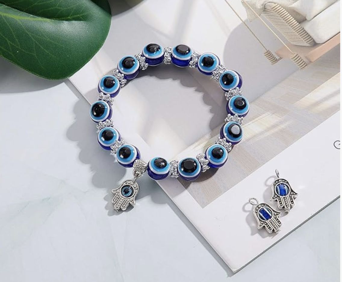 EVIL EYE BEADED CHARM BRACELET W/ HAND