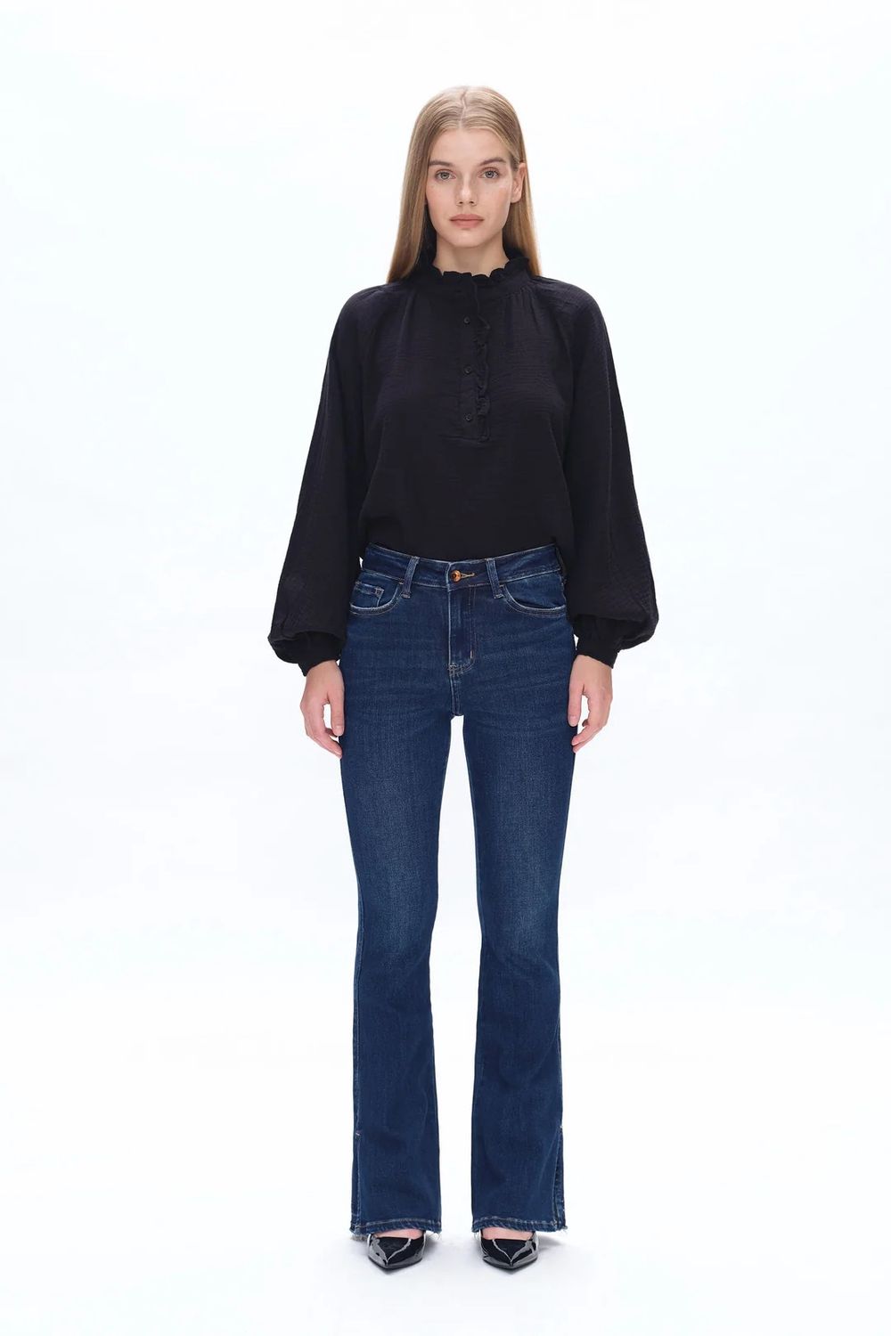 High rise flare jeans slit hem
