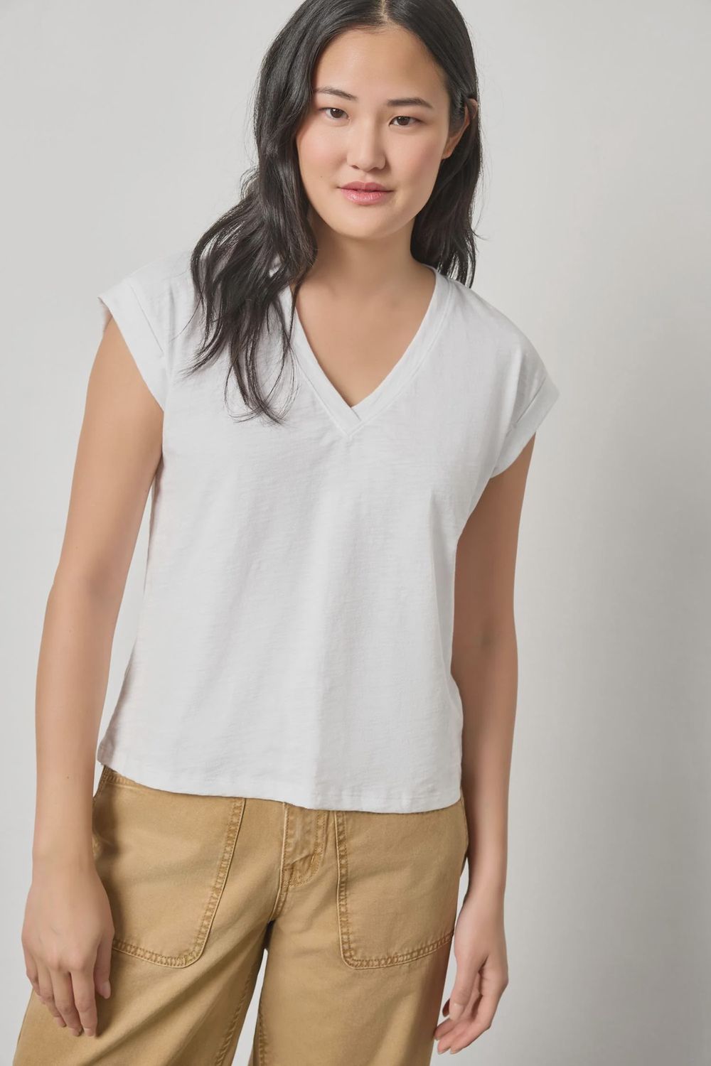 Cuffed Sleeve V-Neck, Colour: White, Size: XSmall