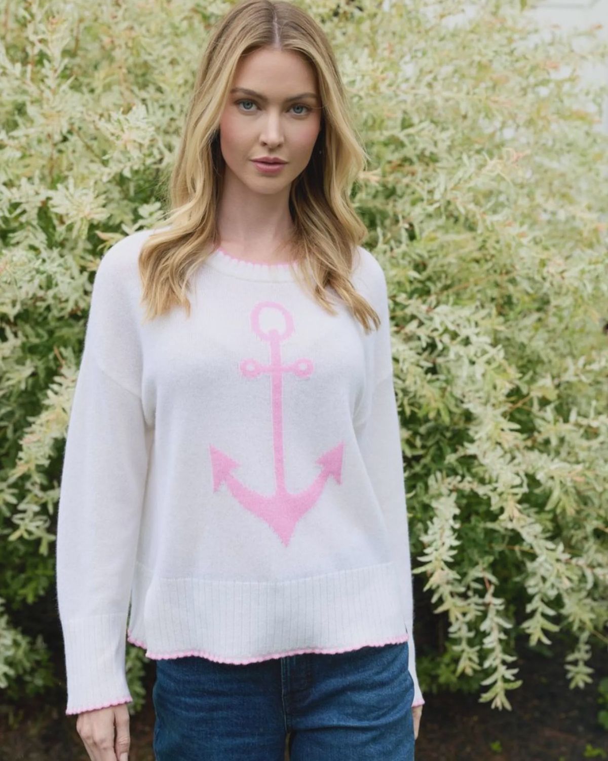 100% Cashmere Anchor Pullover, Colour: White &amp; Glam Pink, Size: XSmall