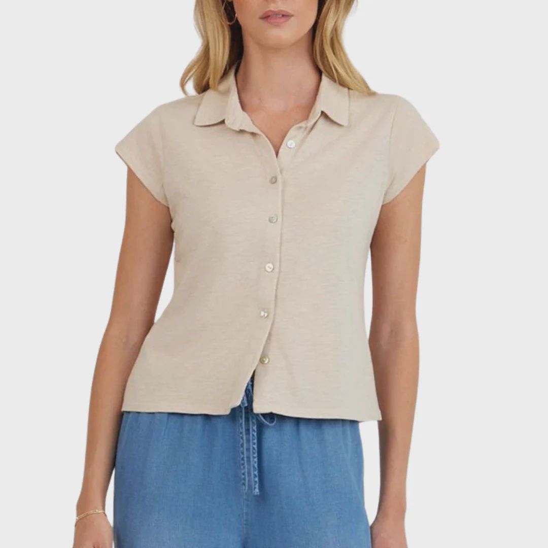 Cap Sleeve Button Down, Colour: Linen Sand, Size: XSmall