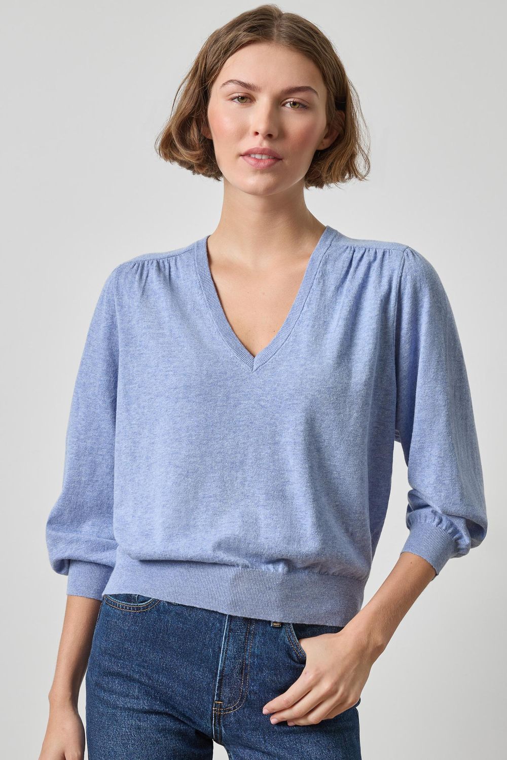 V-Neck Blouson Sweater, Colour: Lake, Size: XSmall