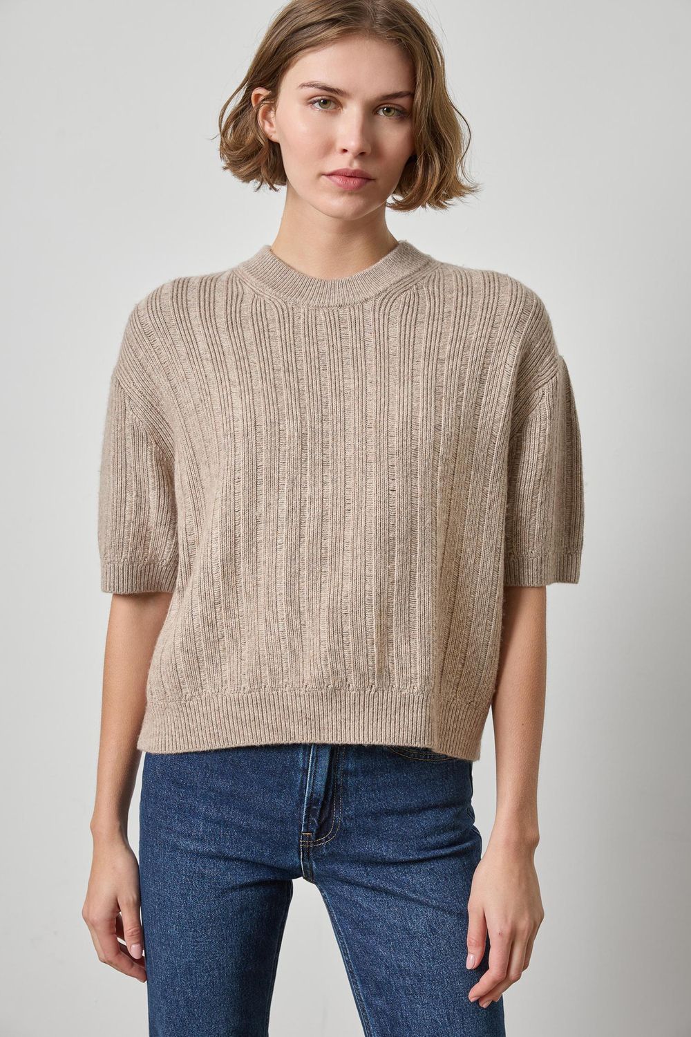Textured Crewneck Sweater, Colour: Birch, Size: XSmall