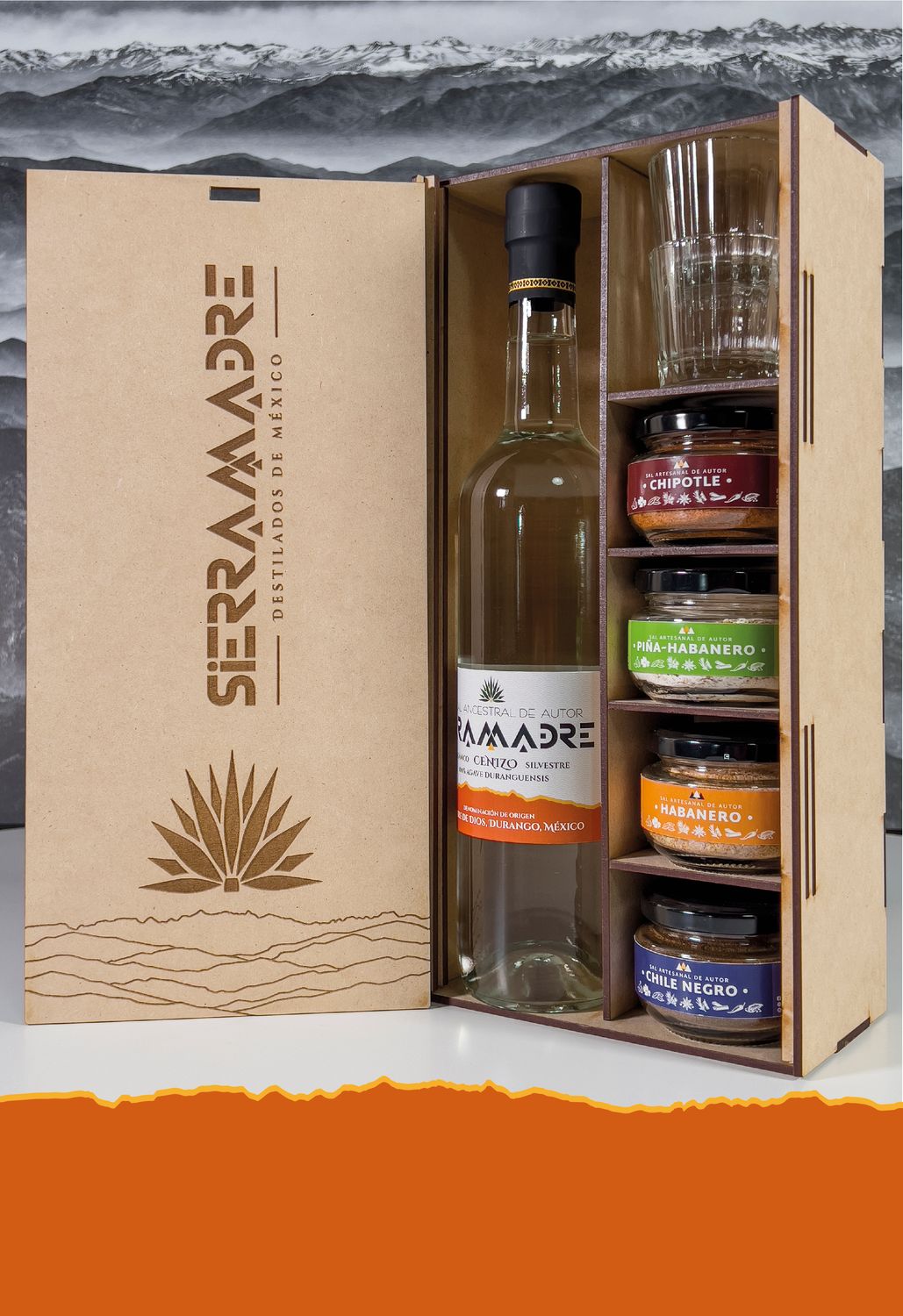 MEZCAL ANCESTRAL DE AGAVE CENIZO. 48% Alc. Vol. KIT