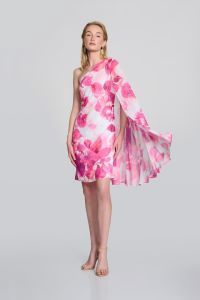 Joseph 242716 Chiffon Floral One Shoulder Cape Dress