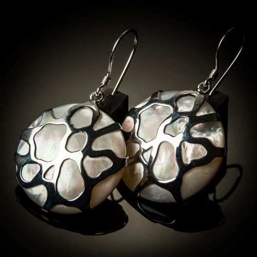 JJ ER-08006 Hook Mother of Pearl Cobweb Sterling Silver Earrings