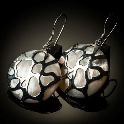 JJ ER-08006 Hook Mother of Pearl Cobweb Sterling Silver Earrings