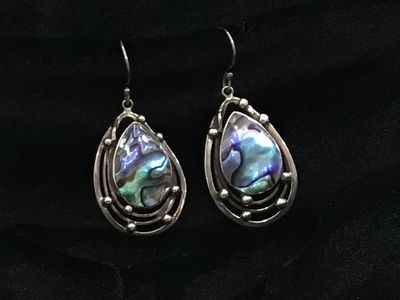 JJ AERSSAB Hook Sterling Silver Teardrops w/Abalone Teardrop Stone Earrings