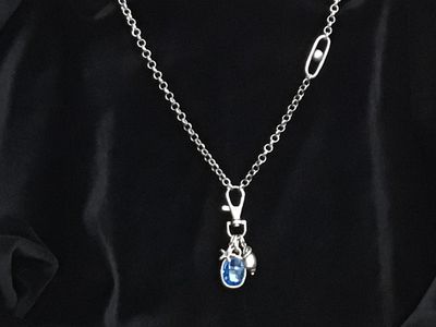 JJ NN-3862 Long Handmade Pewter Necklace w/Beautiful Blue Stone &amp; Sea Creatures