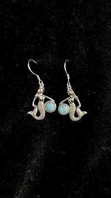 JJ SSA-LR-MM01 Hook Sterling Silver Mermaid w/Larimar Stone Earrimgs