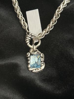JJ NN-3525 Short Handmade Pewter Necklace w/Blue Crystal