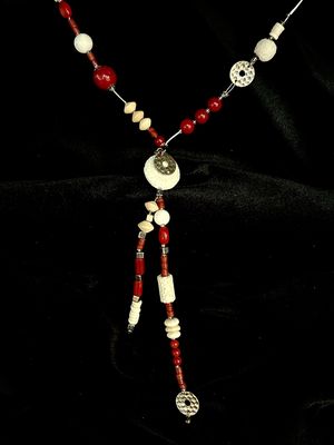 JJ NK-2379 Stainless Steel Red Coral &amp; White Lava Rock w/Assorted Beads Necklace