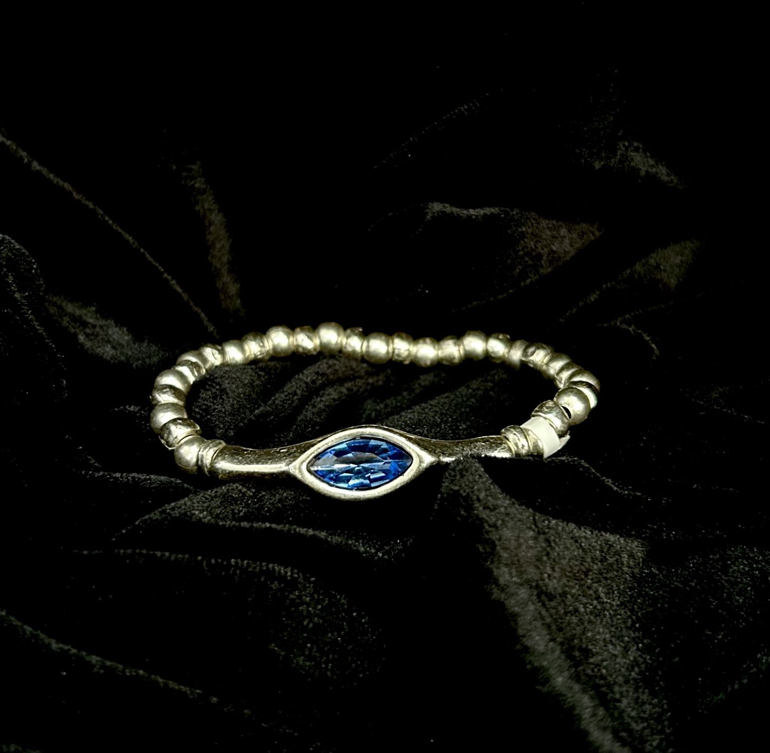 JJ B2550 Handmade Pewter Stretch Bracelet w/Ocean Blue Crystal
