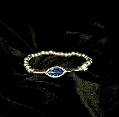 JJ B2550 Handmade Pewter Stretch Bracelet w/Ocean Blue Crystal