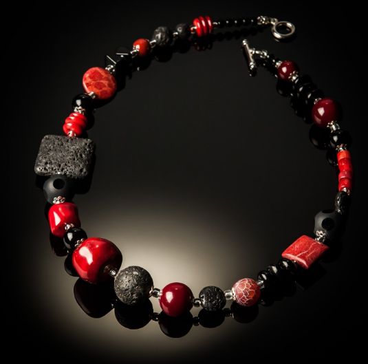 JJ NK-814 Red Coral &amp; Black Lava Necklace