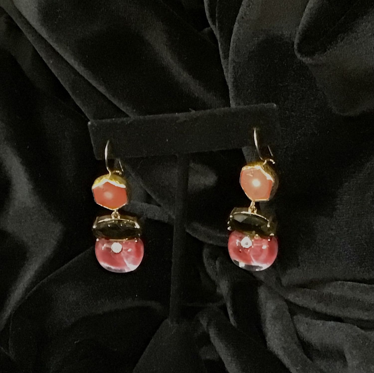 Tonobi Ear2440 Pink Octagon Stone, Smoky Oval &amp; Small Rose Bauble w/Crystal Stone Gold Vermeil French Hook Earrings
