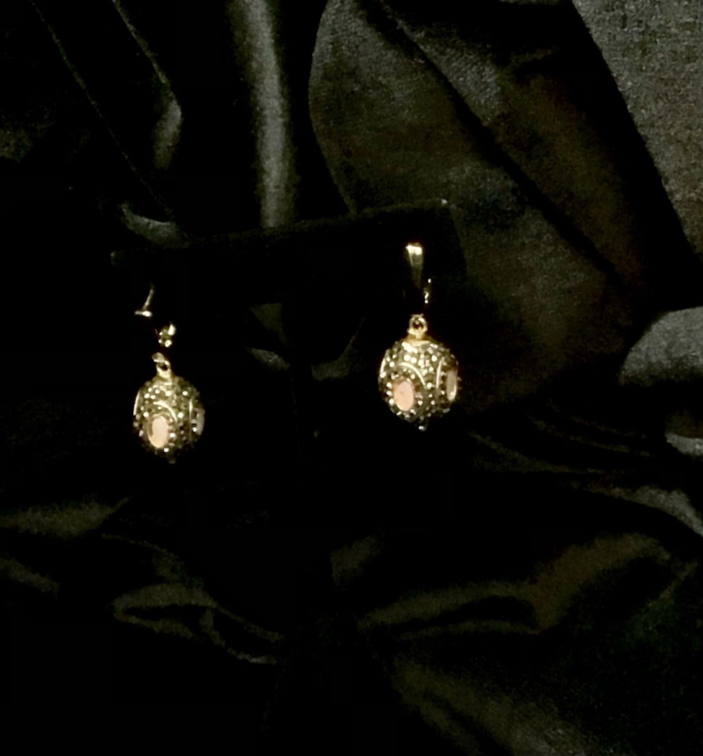 Tonobi Ear2437 Pave&#39; Crystals &amp; Pink Opalite Ball Gold Vermeil French Hook Earrings