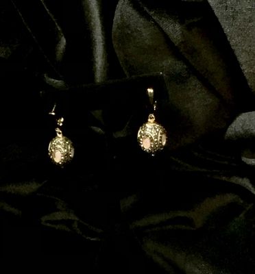 Tonobi Ear2437 Pave&#39; Crystals &amp; Pink Opalite Ball Gold Vermeil French Hook Earrings