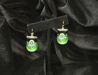 Tonobi Ear2420 Emerald Crystal Rectangle, Green Resin Bubble, &amp;  Gold Vermeil Wrapped Clear Stone Hook Earrings