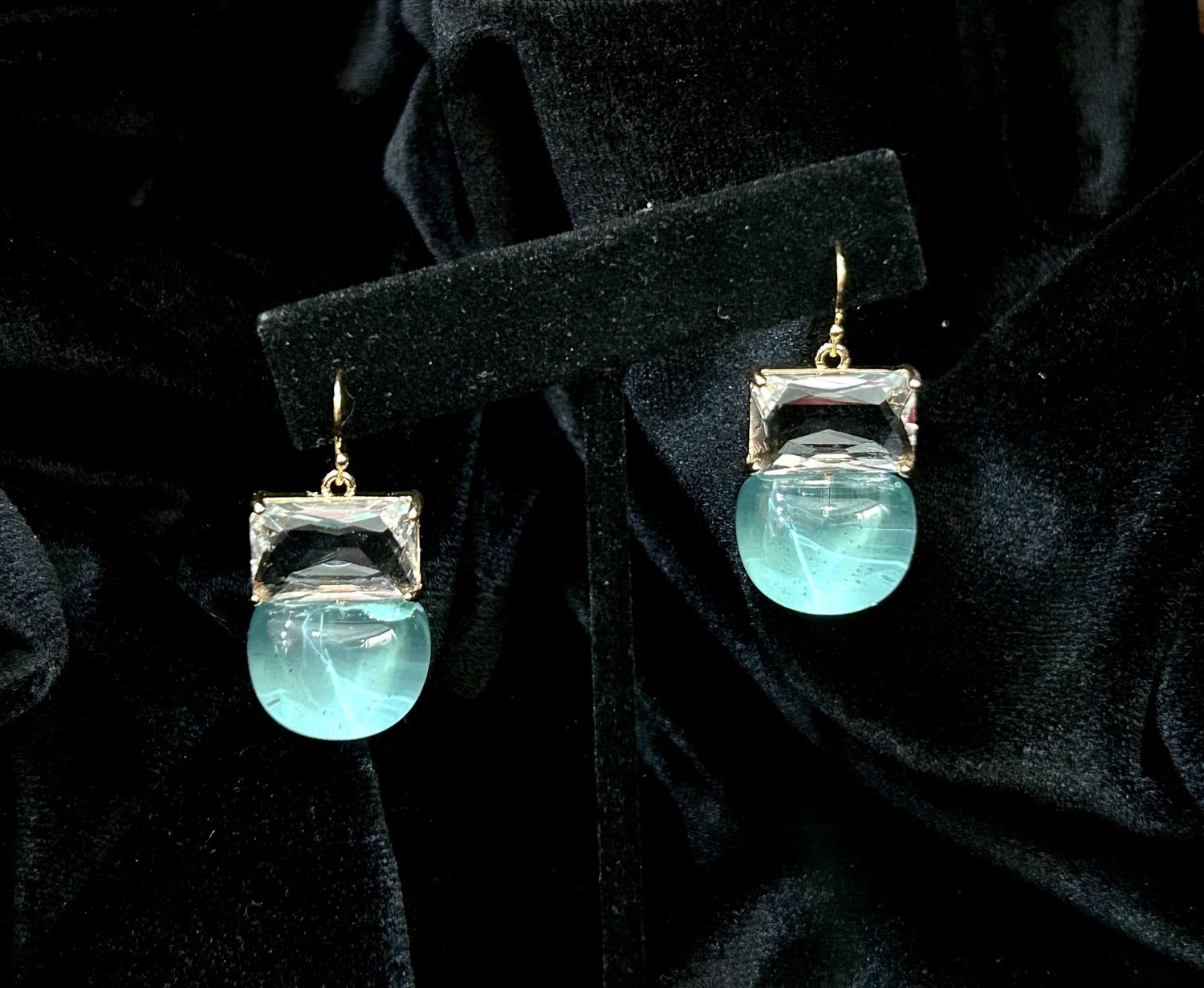 Tonobi Ear2408 Rectangle Quartz &amp; Blue Resin Bubble Gold Vermeil Hook Earrings