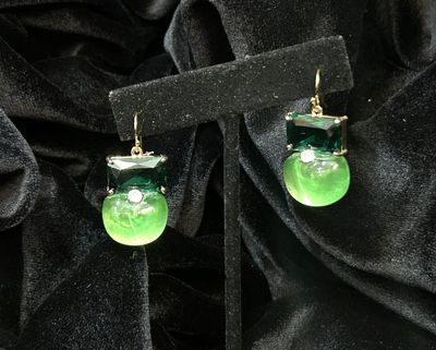 Tonobi Ear2419 Emerald Crystal Rectangle, Green Resin Bubble, &amp; Clear Crystal Gold Vermeil Hook Earrings