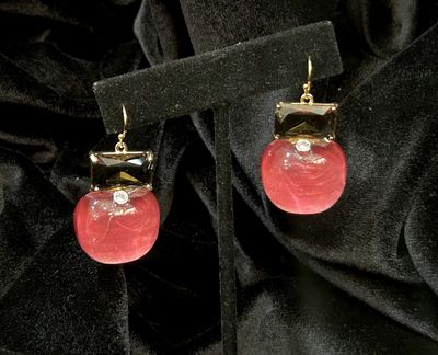 Tonobi Ear2436 Smoky Quartz Rectangle &amp; Lg Rose Bauble w/Crystal Stone Gold Vermeil Hook Earring