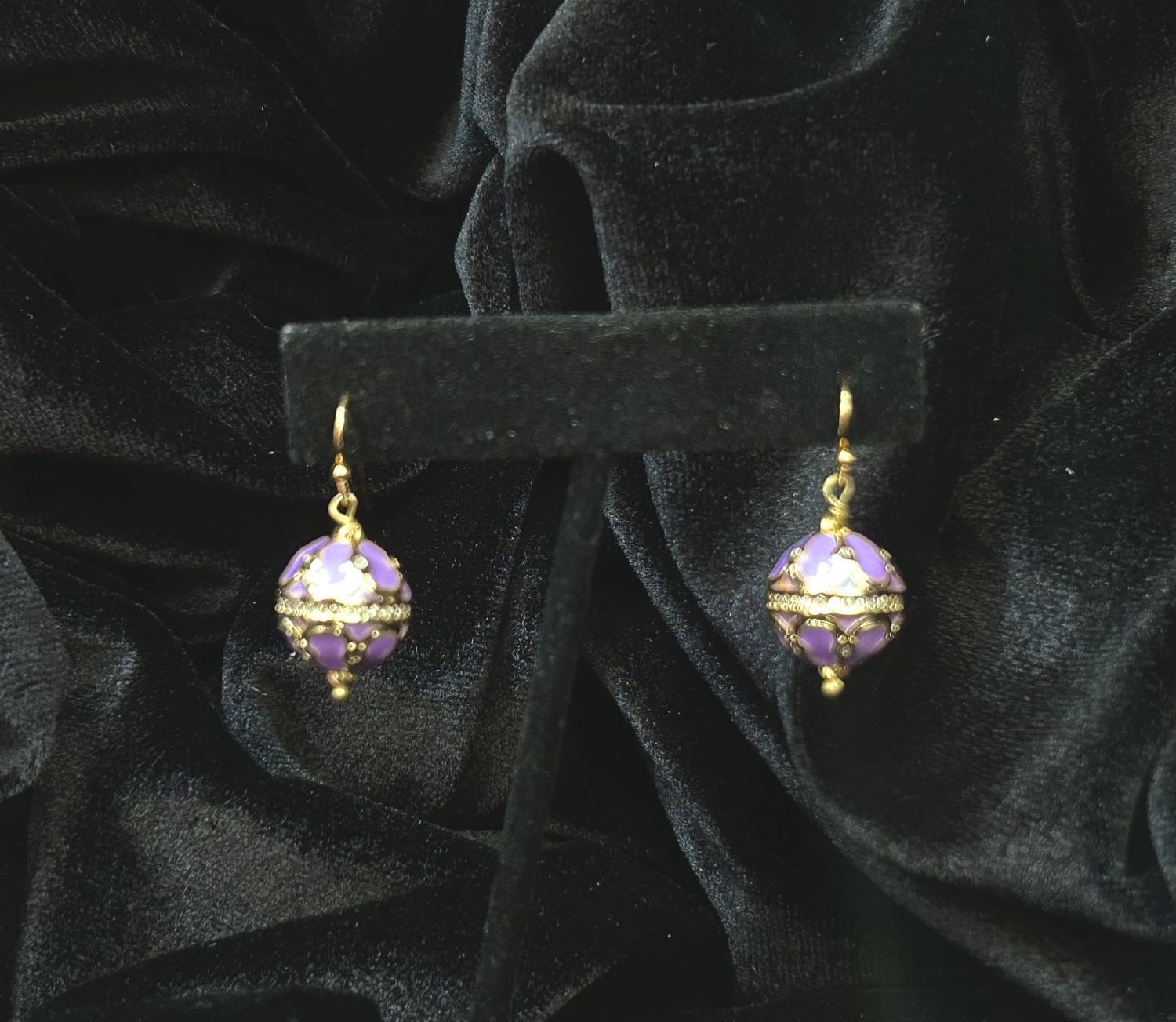 Tonobi Ear2424 Lavender Enamel, Pave&#39; Crystals, &amp; Gold Vermeil Design Cinderella Balls Hook Earrings