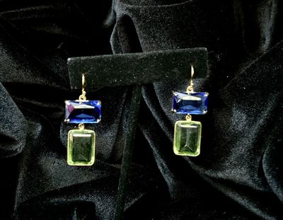 Tonobi Ear2441 Royal Blue Crystal &amp; Green Crystal Rectangle Drop Gold Vermeil Hook Earrings