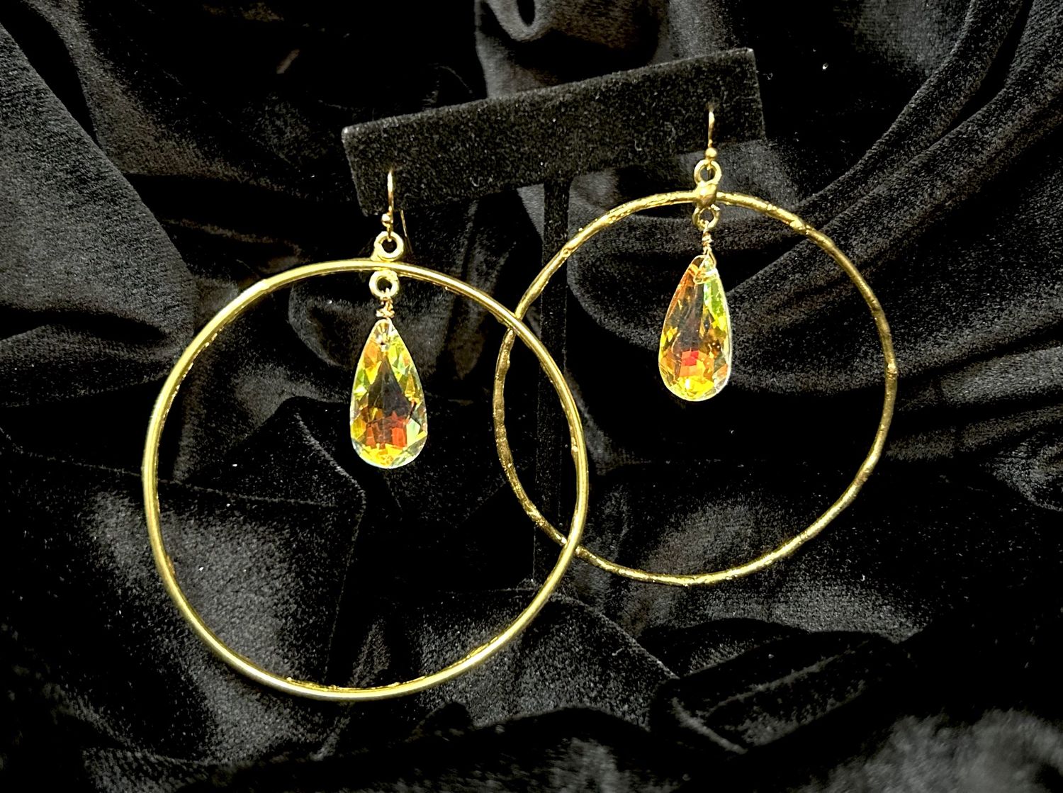 Tonobi Ear2442 Large Gold Vermeil Hoops w/Crystal Teardrop Center Hook Earrings