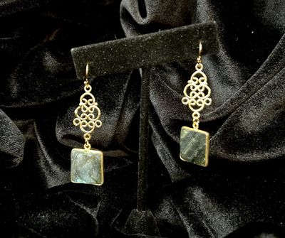 Tonobi Ear2429 Gold Vermeil Ornate Connector &amp; Wrapped Labradorite Square Drop Hook Earrings