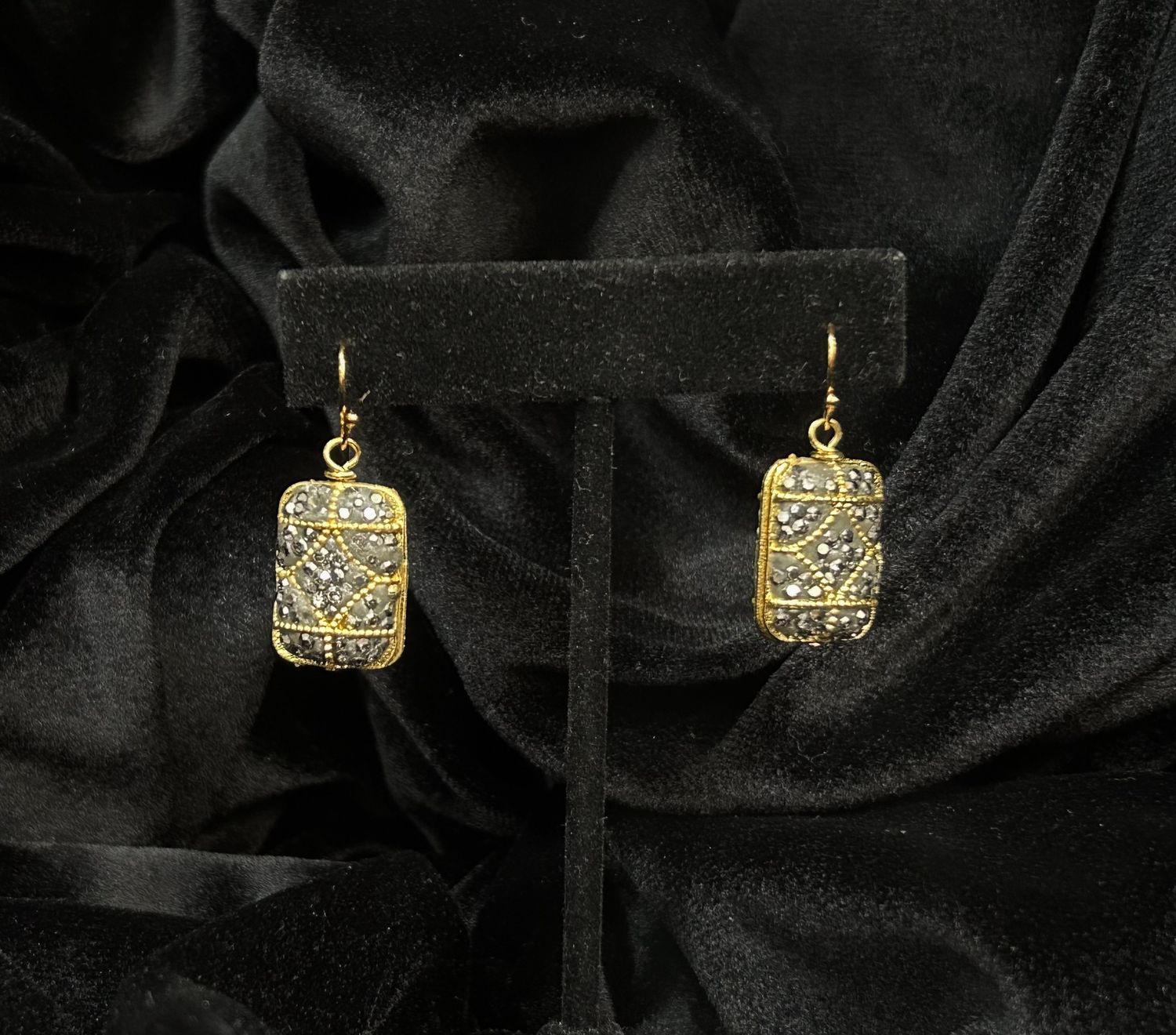 Tonobi Ear2407 Oblong Ornate Pave&#39; Silver &amp; Gold Hook Earrings