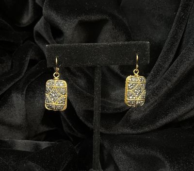 Tonobi Ear2407 Oblong Ornate Pave&#39; Silver &amp; Gold Hook Earrings
