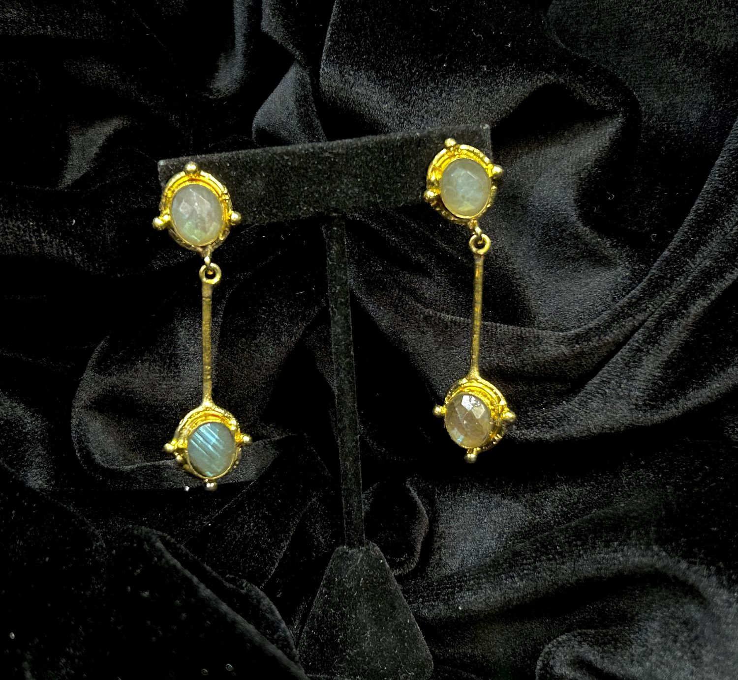 Tonobi Ear2427 Ornate Gold Vermeil Wrapped Labradorite Stud w/Gold Vermeil Bar &amp; Wrapped Labradorite Stone Earrings